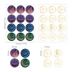 Ramadan Eid Mubarak gold foiled moon and star stickers with dimensions for gift labeling
