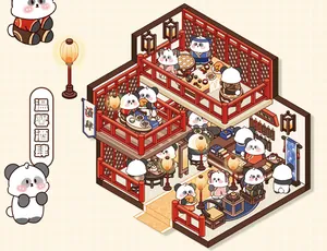 Close-up detail of cute panda isometric tavern scene from miniature PET sticker pack