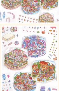 Détail macro d'autocollants de scènes miniatures 3D colorées avec des chats de dessin animé