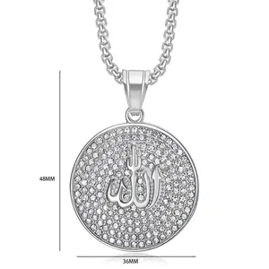 Detailed view of the iced-out Allah pendant necklace with 48mm by 36mm size markers