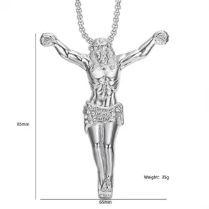 Detailansicht eines großen Jesus-Kruzifix-Anhängers aus Edelstahl mit 85 mm Höhenangaben