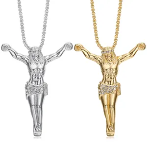 Große Jesus Kruzifix Anhänger aus Edelstahl in Gold und Silber mit glänzenden Strasssteinen