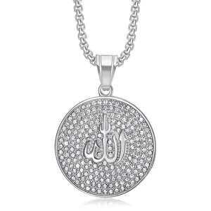Macro view of iced-out stainless steel Allah pendant with micro pave rhinestones