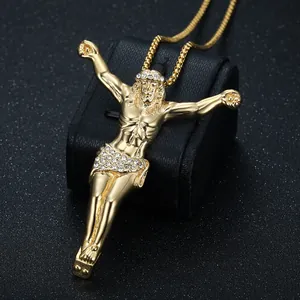 Hiphop Jesus Figur Anhänger Halskette Für Herren Titanstahl Vergoldet Strass Religiös Großes Kruzifix Anhänger Hiphop Schmuck