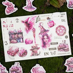 Pink watercolor butterfly fairy and magic cat decorative stickers for DIY scrapbooking