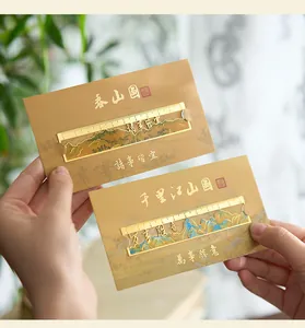 Close-up detail of Chinese style hollow brass ruler bookmarks with fine landscape paintings