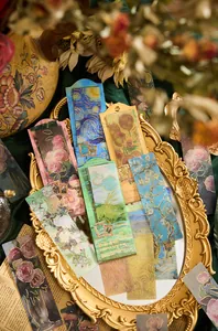 Vintage gold foiled PVC bookmarks featuring oil painting art on a golden mirror