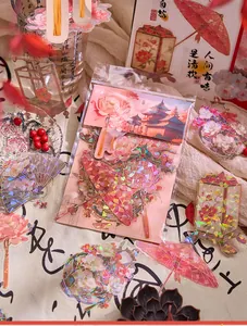 Holografische stickers in Chinese stijl met paleislantaarn en bloemen