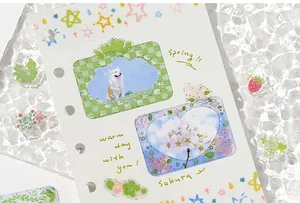 Macro detail of cute PET drip glue frame stickers with dog and cherry blossom designs