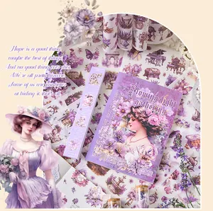 Vintage girl stickers set for scrapbooking, elegant purple floral theme for DIY crafts