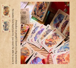 Vue détaillée des illustrations de fantaisie orientale sur des cartes à jouer rétro