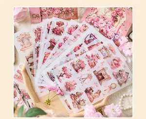 Detail view of vintage romantic PET stickers with floral and girl illustrations for DIY journaling