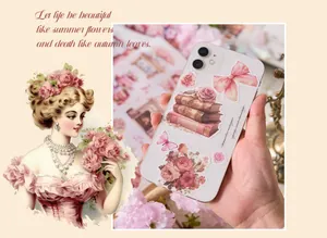 Detailed view of vintage floral and book stickers creatively applied to a phone case
