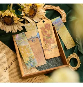 Close-up of vintage Van Gogh oil painting PVC bookmarks with gold foil stamping.