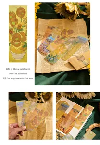 Detail view of gold-stamped PVC bookmarks featuring Van Gogh floral art patterns