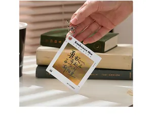 Macro view of a PET slide keychain featuring a star clasp and sunset landscape artwork