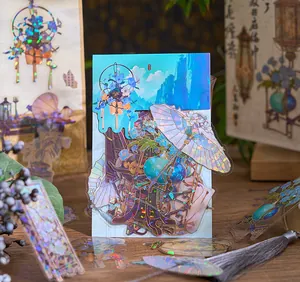 Gedetailleerde close-up van holografische stickers in Chinese stijl met laserlichteffect