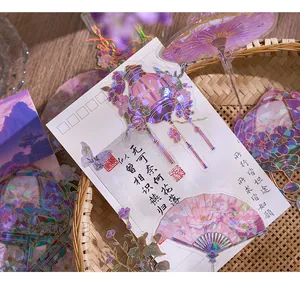 Detail van holografische laserstickers met Chinese motieven voor scrapbooking.