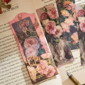 Vintage floral PVC bookmark set with elegant gold foil accents on book background
