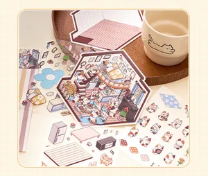 Close-up of cute cartoon cat and miniature room scenery PET stickers for DIY planners.