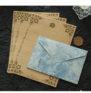 Vintage-Briefpapier-Set mit geprägtem blauem Umschlag und Kraftpapier-Briefbogen