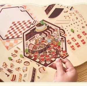 Detail view of a 3D miniature PET coffee shop sticker with cute fox characters.