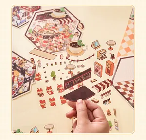 Detailed view of transparent PET scrapbooking stickers with cute cafe theme patterns