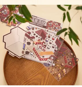 Close-up of Zaomo 3D miniature panda tavern PET stickers set with background card for DIY