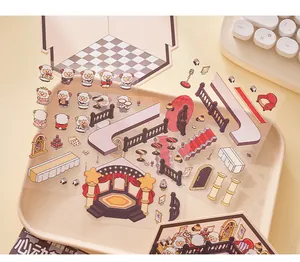 Miniature PET landscape stickers with fantasy furniture and characters for DIY journal