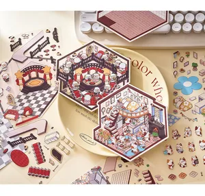 Detailed view of 3D miniature PET landscape stickers featuring fantasy room designs