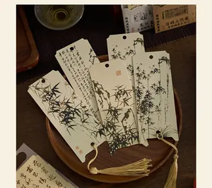 Detailed view of traditional Chinese style ink painting paper bookmarks with tassels