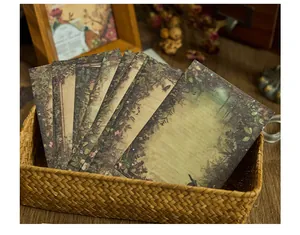 Detailed shot of vintage botanical papers in a woven basket for DIY scrapbooking