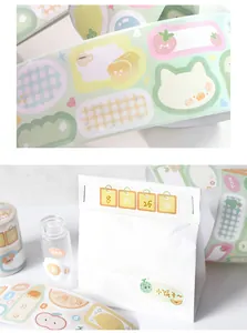 Close-up of cute writable washi tape with cat and fruit patterns for DIY handbook