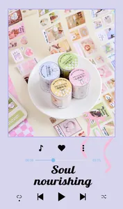 Detailed view of four cute pastel color washi tape rolls for DIY journaling crafts