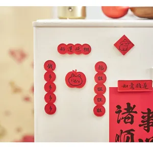 Festive red acrylic refrigerator magnets with Chinese calligraphy and cute cartoon animal art