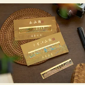 Traditional Chinese landscape metal bookmark and ruler set with hollowed calligraphy