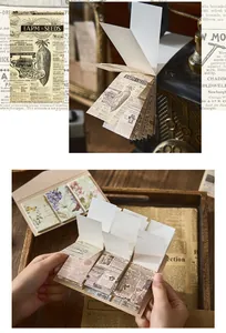 Detailansicht des Vintage-Notizblocks mit botanischen und nostalgischen Zeitungsdrucken