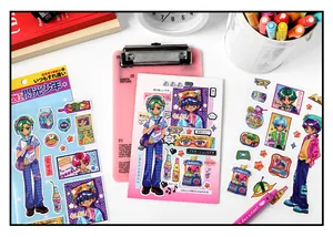 Detailansicht von Millennium Neon Aufklebern mit niedlichen Anime-Jungen und Retro-Icons
