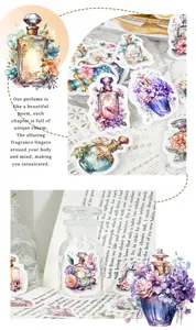 Close-up of vintage perfume bottle watercolor stickers on a decorative glass jar.