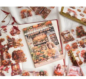 Primer plano de pegatinas PET vintage de otoño con ilustraciones florales y estilo