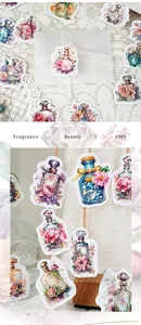 Macro view of vintage watercolor perfume bottle stickers for decorative DIY scrapbooking