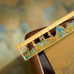 Classical Chinese style metal ruler bookmark with hollow landscape design