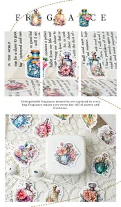 Detail macro view of fragrance themed stickers with floral perfume bottle illustrations