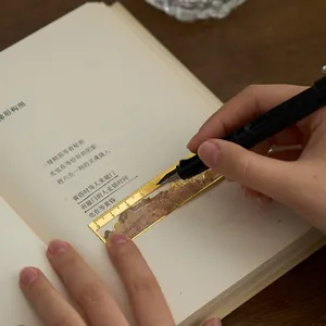 Vintage Chinese style golden metal hollow ruler bookmark with landscape pattern for students