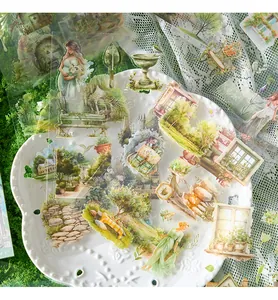 Vista detallada de pegatinas de PET de tema jardín vintage para scrapbooking y decor