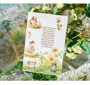 Vista detallada de pegatinas de PET de tema pastoral con niñas e ilustraciones florales