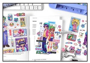 Detaillierte Nahaufnahme der Millennium Neon Serie Anime Aufkleber in einem kreativen Journal