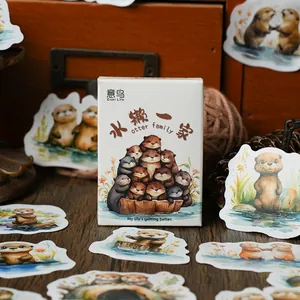 Set di Adesivi in Scatola a Tema Famiglia di Lontre e Mucca delle Highland ad Acquerello per Decorazione Fai da Te Custodia Telefono Diario