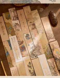Klassieke Chinese bladwijzers met goudstempel kalligrafie en landschapsillustraties