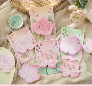 Set of four floral shaped sticky notes featuring Chinese ink style blossom designs